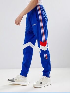 Retro vintage adidas Blue Joggers with Red and White Chevron Stripes